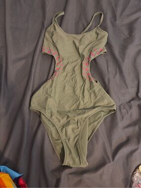 Olive Green Woman Juniors XS One-Piece Swimsuit with Pink Stud Accents